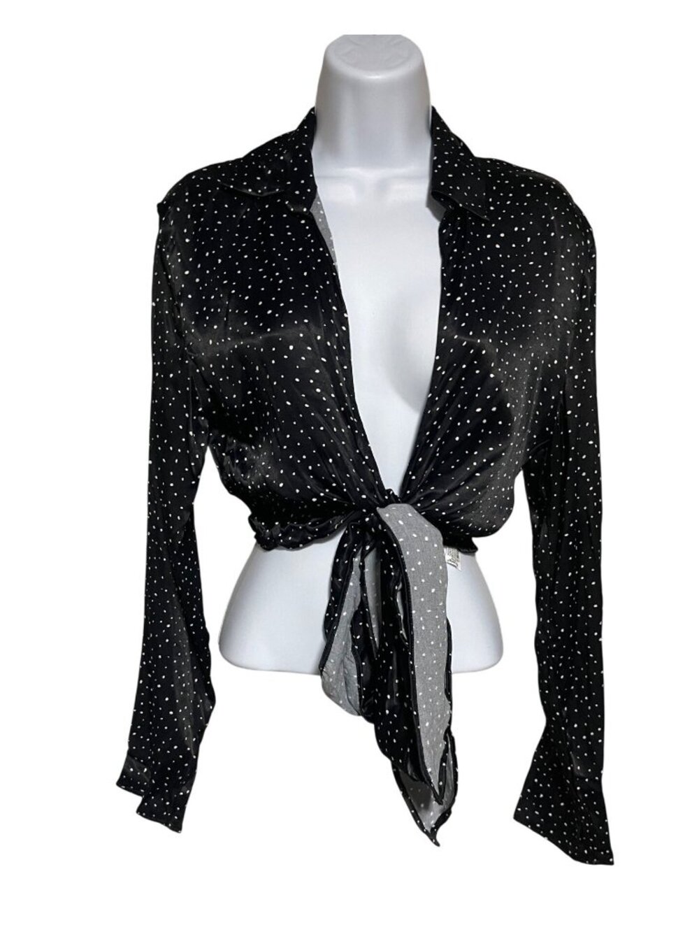 Zara Polka Dot Satin Tie Front Cropped Blouse Womens XS Black White